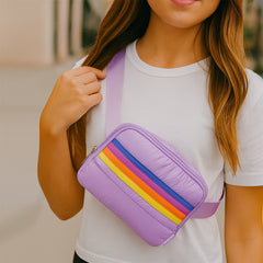 Purple Puffer Striped Belt Bag – Trendy Fanny Pack Crossbody / Top Trenz Online Shop