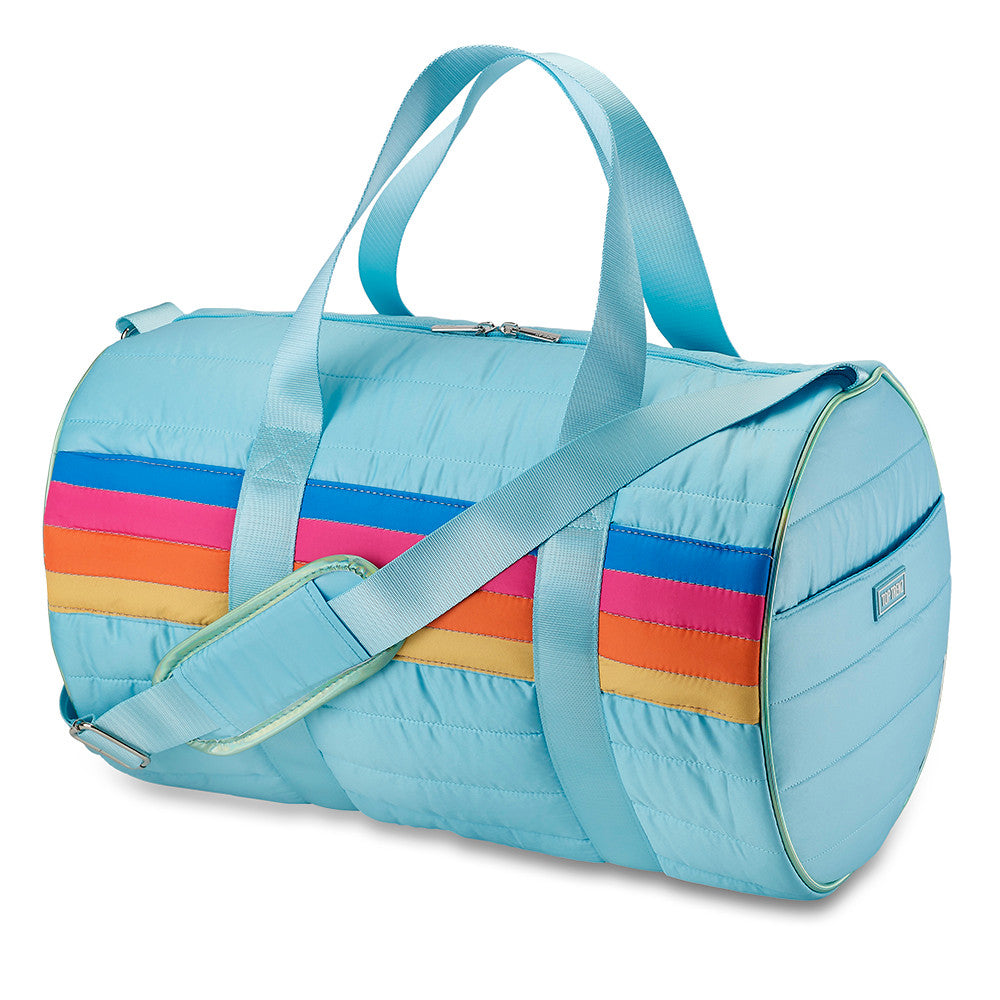 Retro Stripe Blue Puffer Duffle Bag - Trendy Gym & Sleepover Bag / Top Trenz Online