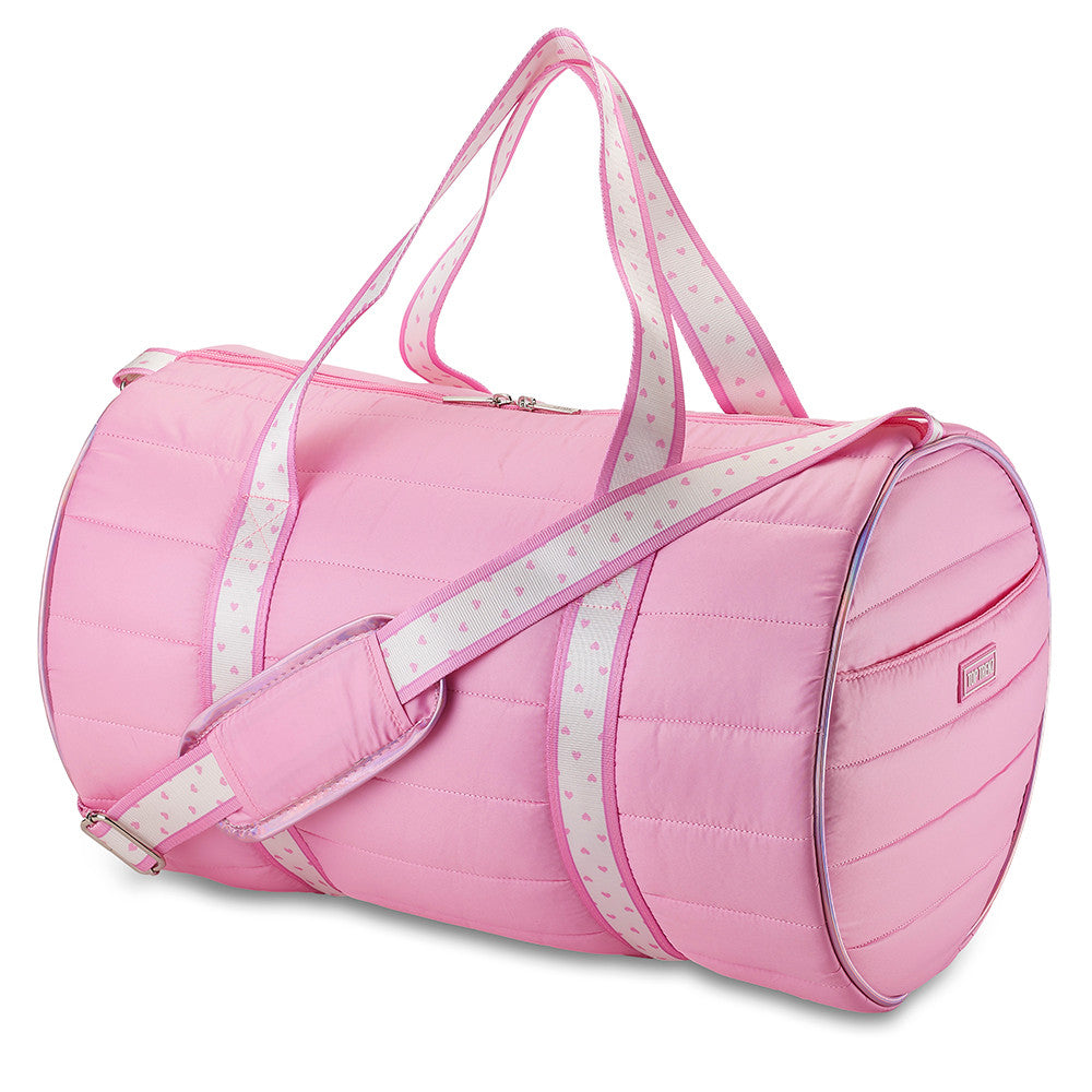 Pink Puffer Duffel Bag with Heart Strap – Trendy Overnight, Gym & Travel Bag for Girls / Top Trenz Sale