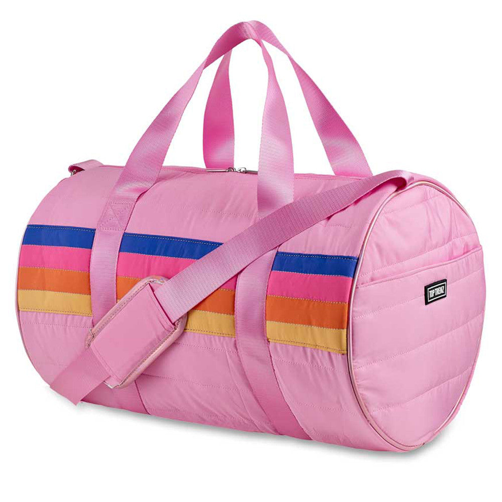 Retro Stripe Pink Puffer Duffle Bag - Trendy Gym & Sleepover Bag / Top Trenz Outlets