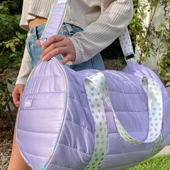 Purple Puffer Duffel Bag with Rainbow Heart Straps – Trendy Overnight, Gym & Travel Bag for Girls and Teens / Top Trenz Online Shop