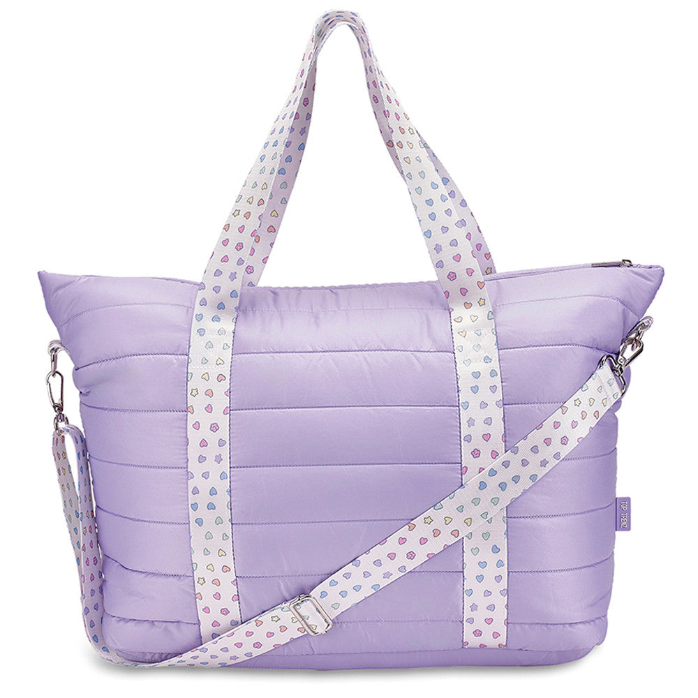 Purple Quilted Puffer Tote – Colorful Heart Strap Travel Bag / Top Trenz For Sale