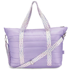 Purple Quilted Puffer Tote – Colorful Heart Strap Travel Bag / Top Trenz For Sale
