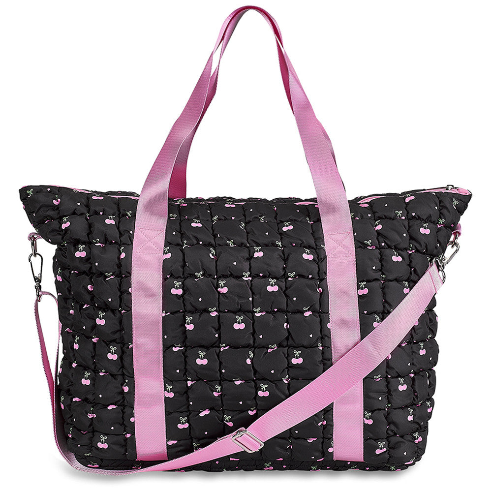Black Puffer Scrunchie Weekender Tote Bag – Cherry Print with Adjustable Strap / Top Trenz Discount