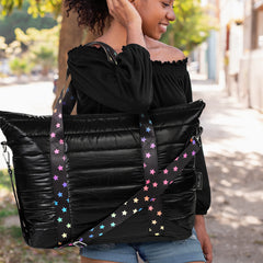 Amazing Black Puffer Tote With Decorative Straps / Top Trenz Outlets
