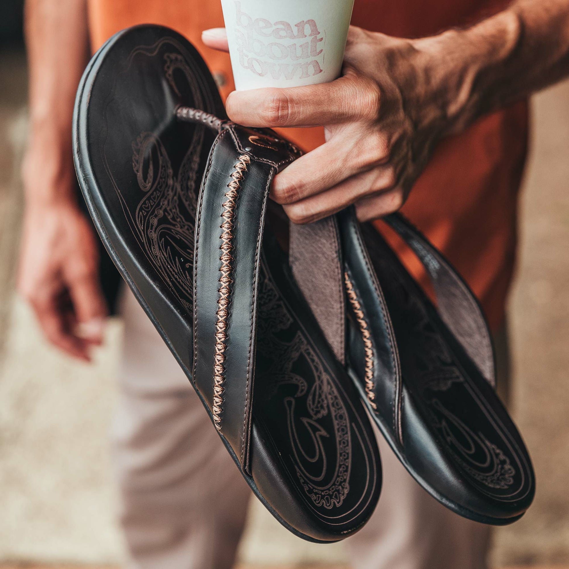 Olukai Mea Ola Leather Beach Sandals - Dark Java