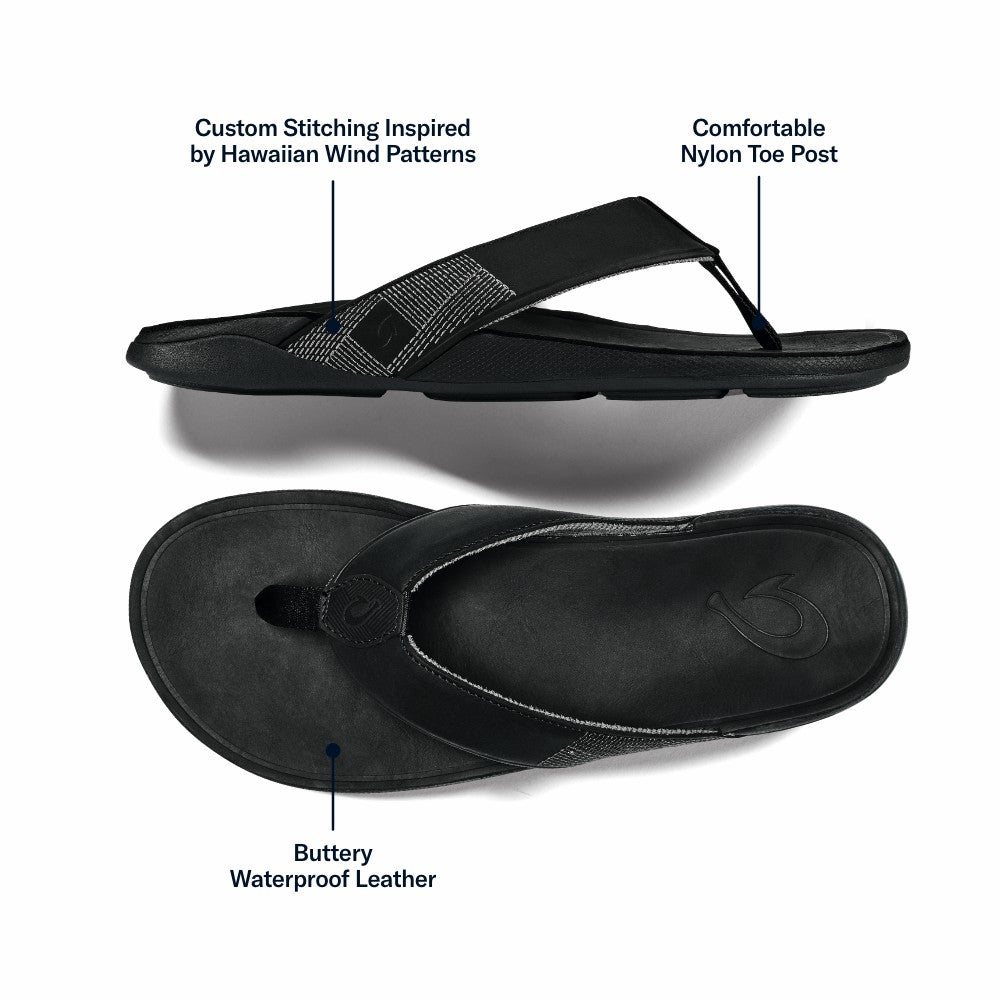 Olukai Tuahine Waterproof Leather Beach Sandals - Black