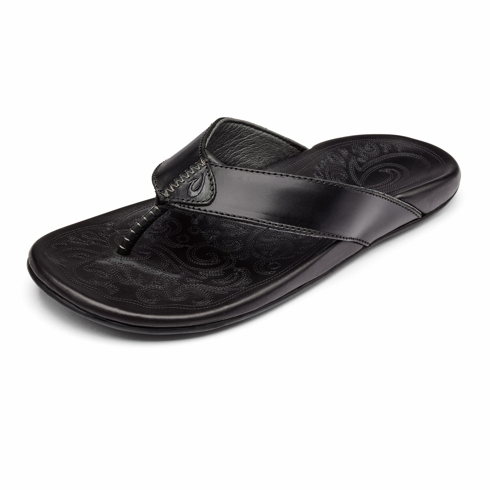 Olukai Mekila Full-Grain Leather Beach Sandals - Black