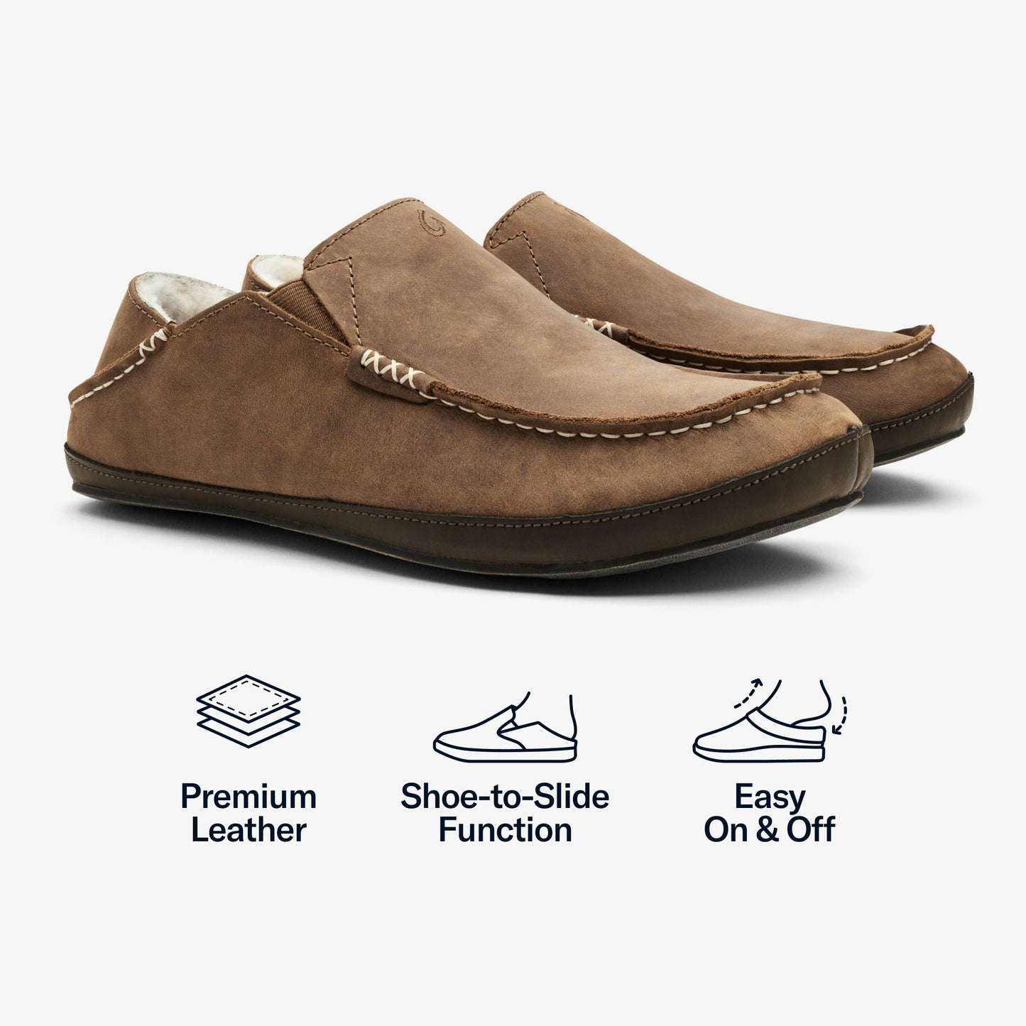 Olukai Moloā Leather Slippers - Toffee / Dark Wood