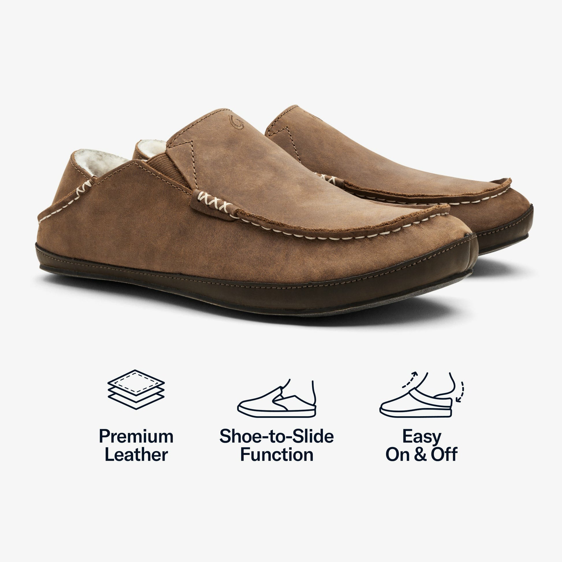 Olukai Moloā Leather Slippers - Toffee / Dark Wood