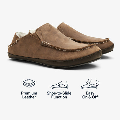 Olukai Moloā Leather Slippers - Toffee / Dark Wood