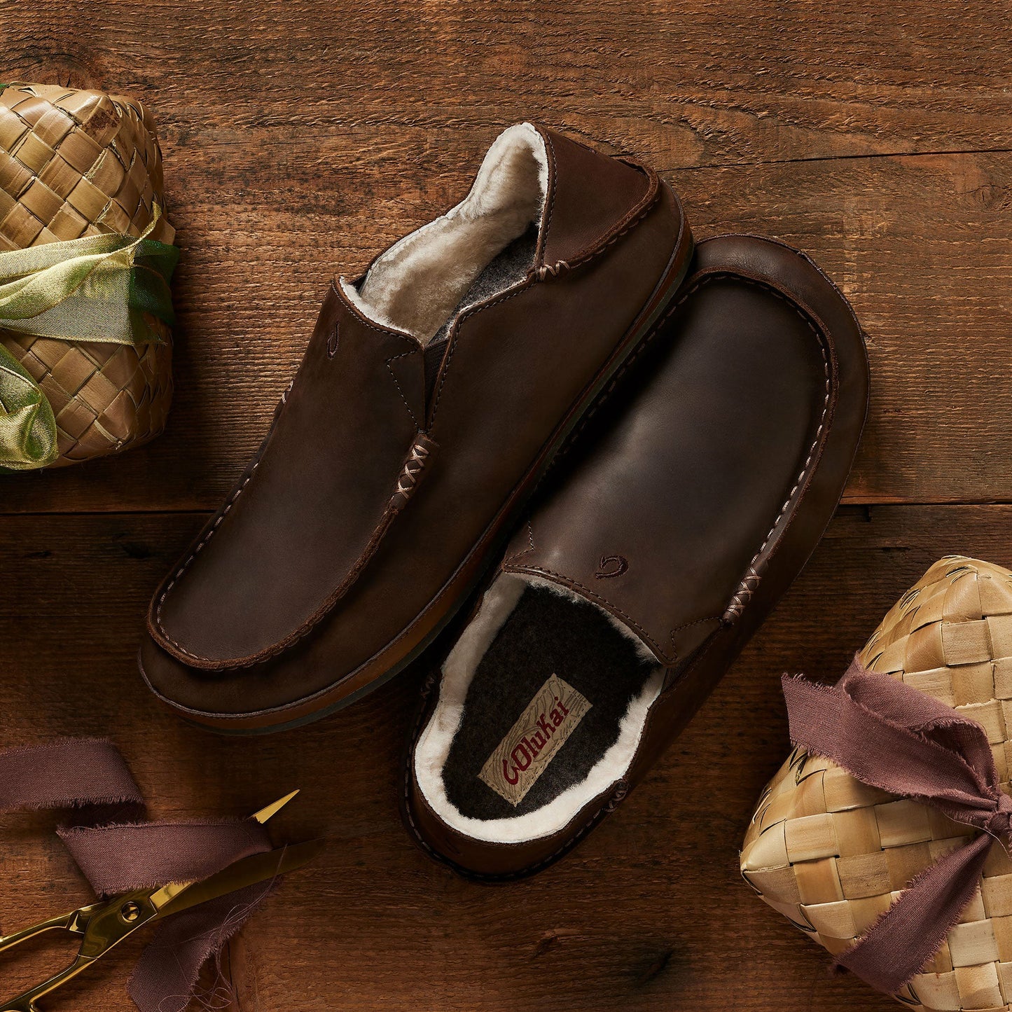 Olukai Moloā Nubuck Leather Slippers - Dark Wood