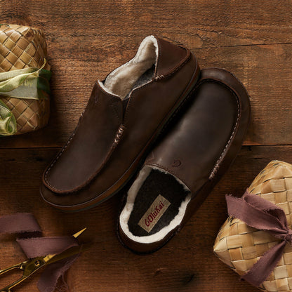 Olukai Moloā Nubuck Leather Slippers - Dark Wood