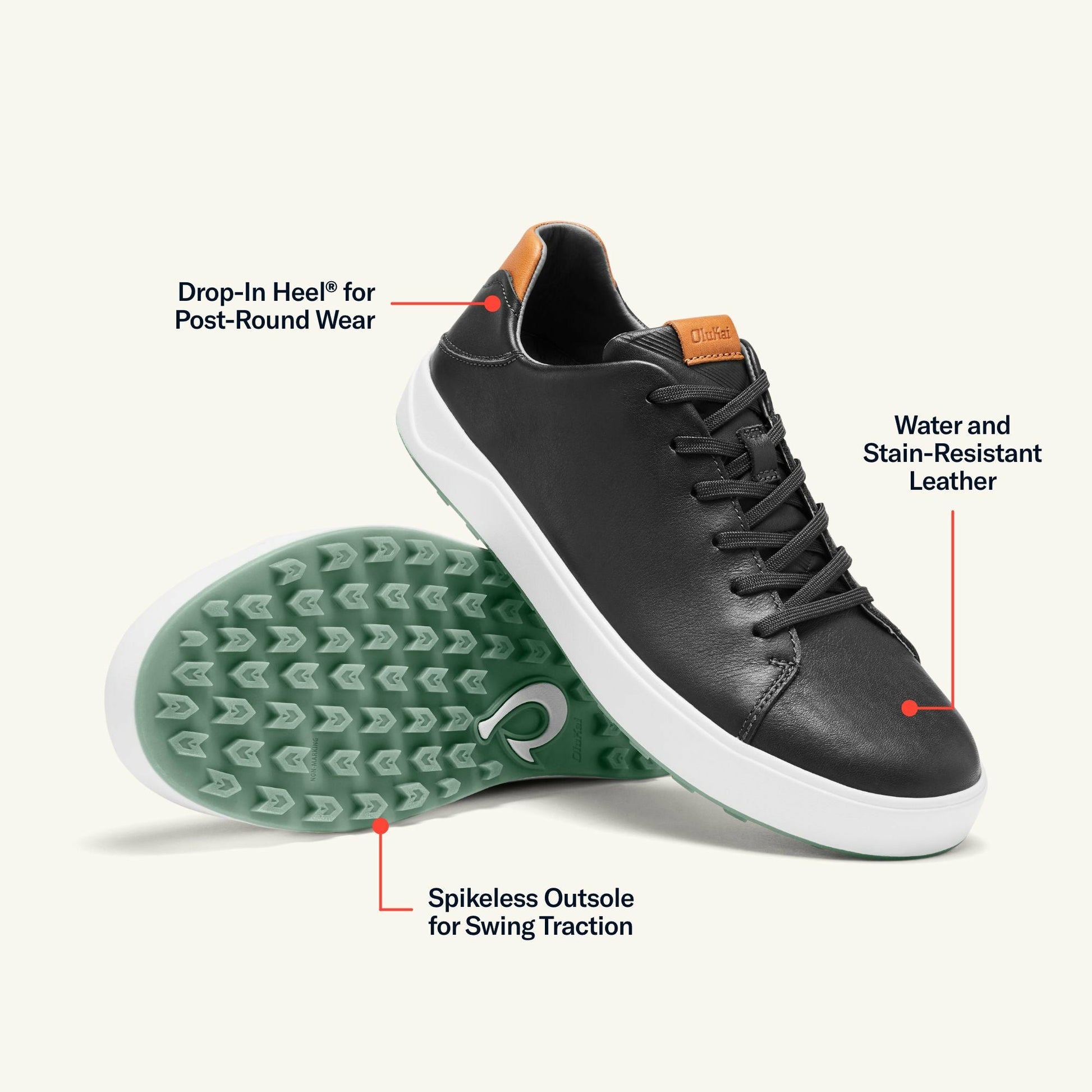 Olukai Wai‘alae Waterproof Leather Golf Shoes - Black