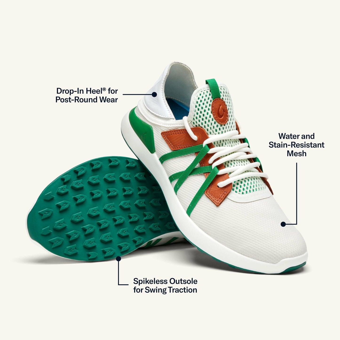 Olukai Manele Breathable Golf Shoes - White / Bamboo