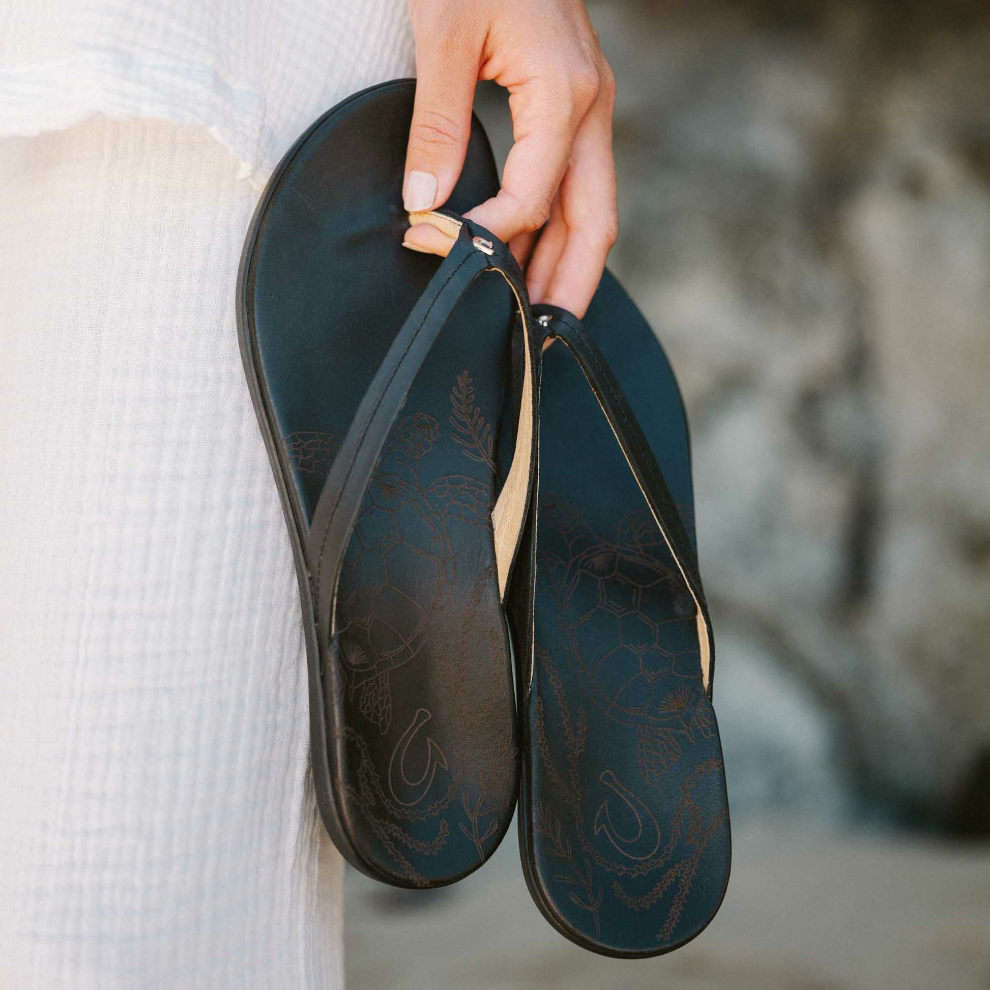 Olukai Honu Leather Beach Sandals - Black