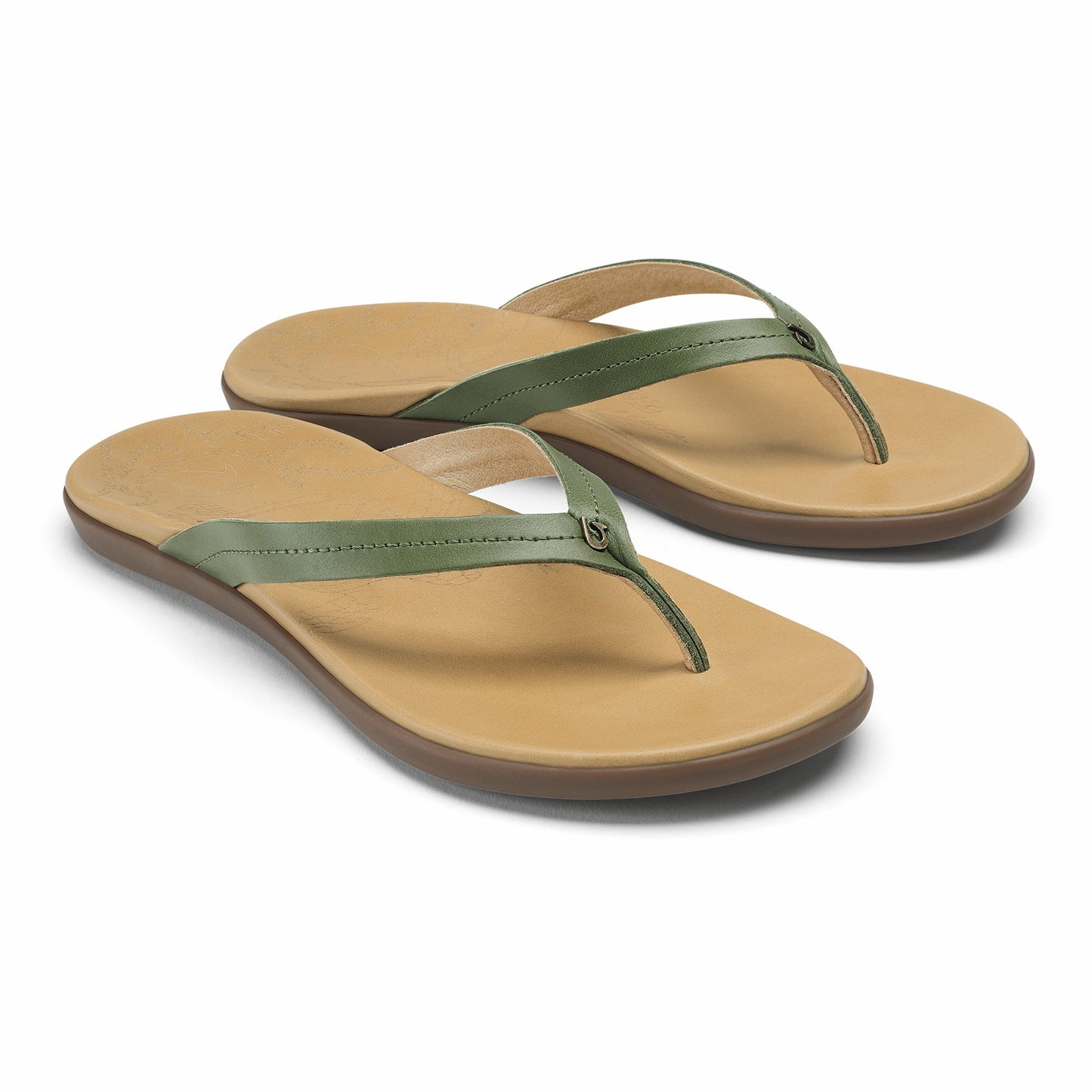 Olukai Honu Leather Sandals - Green Olive / Golden Sand