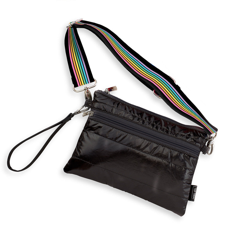 Black Puffer 3-in-1 Fanny Pack or Cross body bag Rainbow Track Straps / Top Trenz Discount