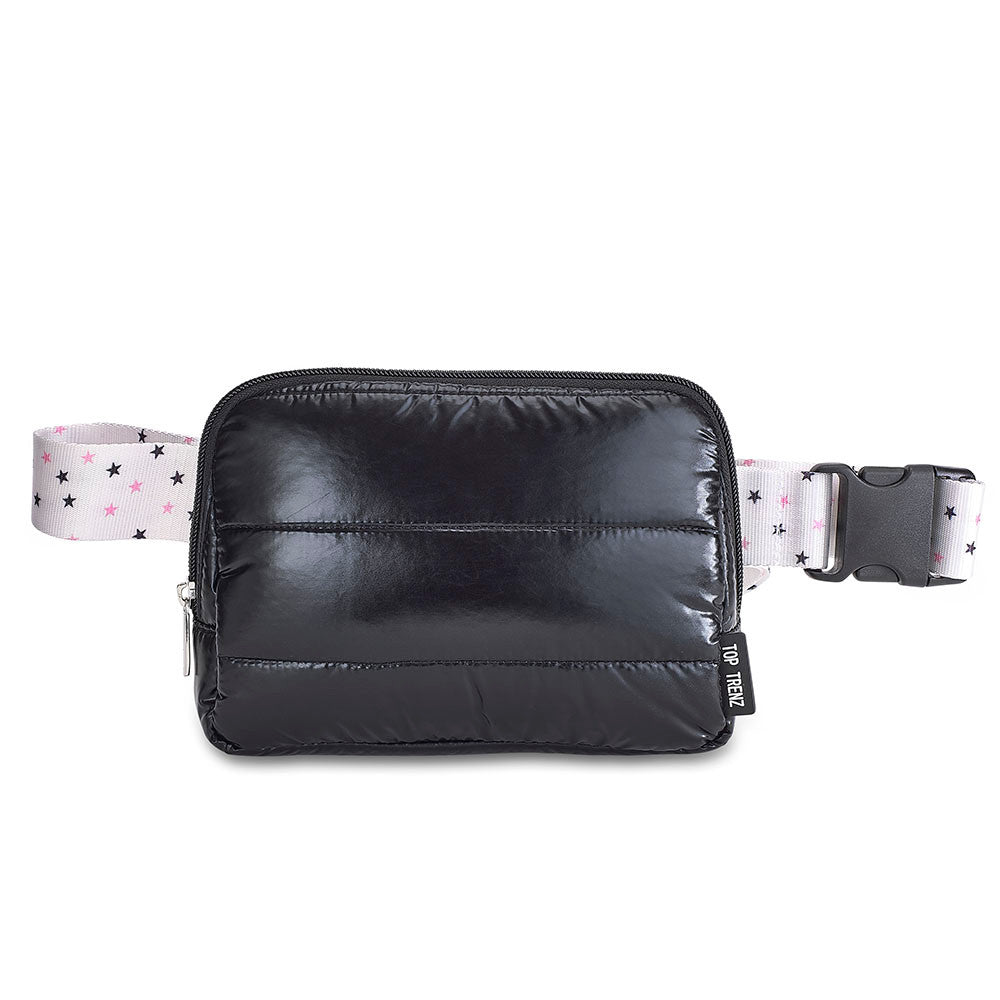 Black Puffer Belt Bag with Twinkle Star Strap – Trendy Crossbody Fanny Pack / Top Trenz Sale