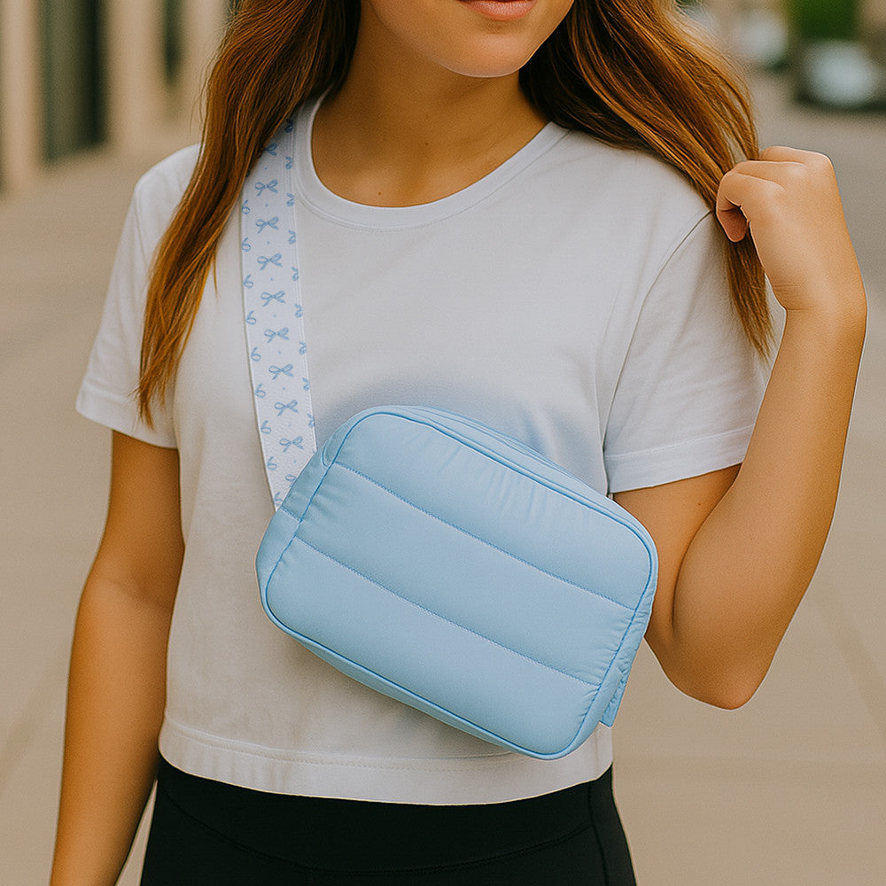 Blue Puffer Belt Bag with Bow Strap – Trendy Crossbody Fanny Pack for Girls / Top Trenz Outlets