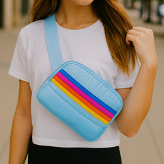 Blue Striped Puffer Belt Bag - Adjustable Fanny Pack / Top Trenz US
