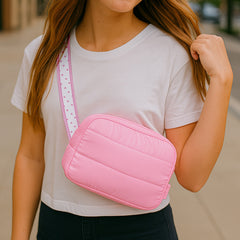 Pink Puffer Belt Bag with Heart Strap – Trendy Crossbody Fanny Pack / Top Trenz Discount