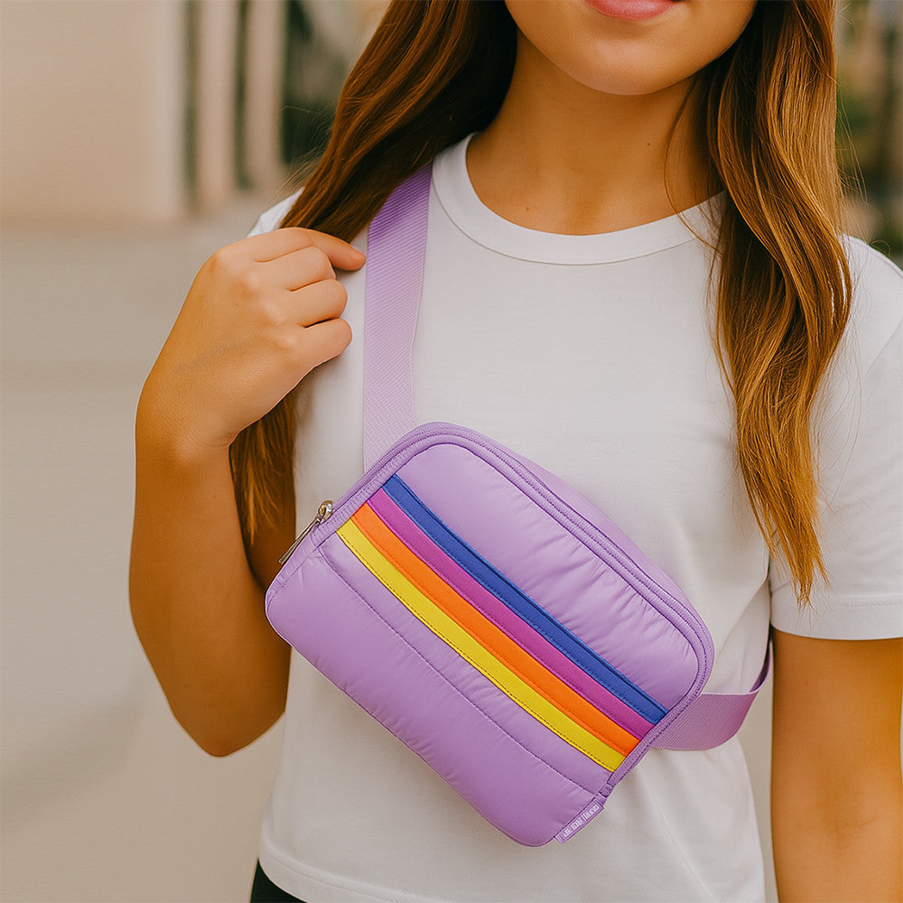 Purple Puffer Striped Belt Bag – Trendy Fanny Pack Crossbody / Top Trenz Online Shop