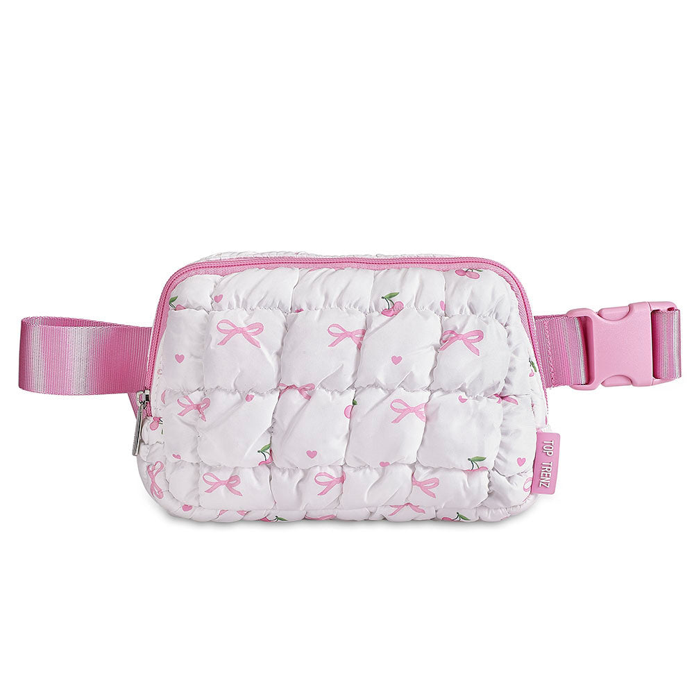 White Puffer Belt Bag with Cherry & Bow Pattern – Trendy Crossbody Fanny Pack for Girls / Top Trenz US