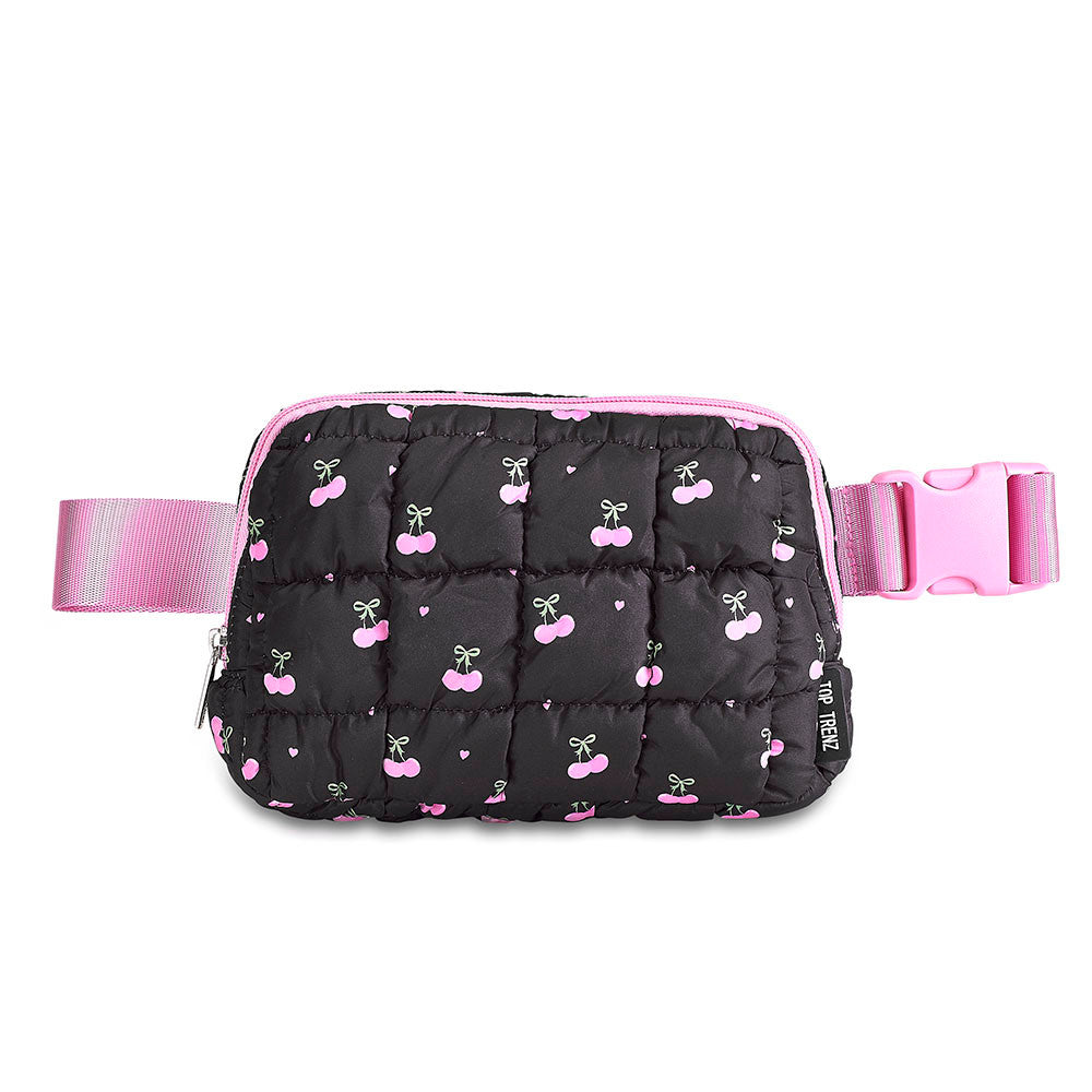 Black Scrunchie Puffer Belt Bag with Cherry Pattern – Trendy Crossbody Fanny Pack for Girls / Top Trenz Online Shop