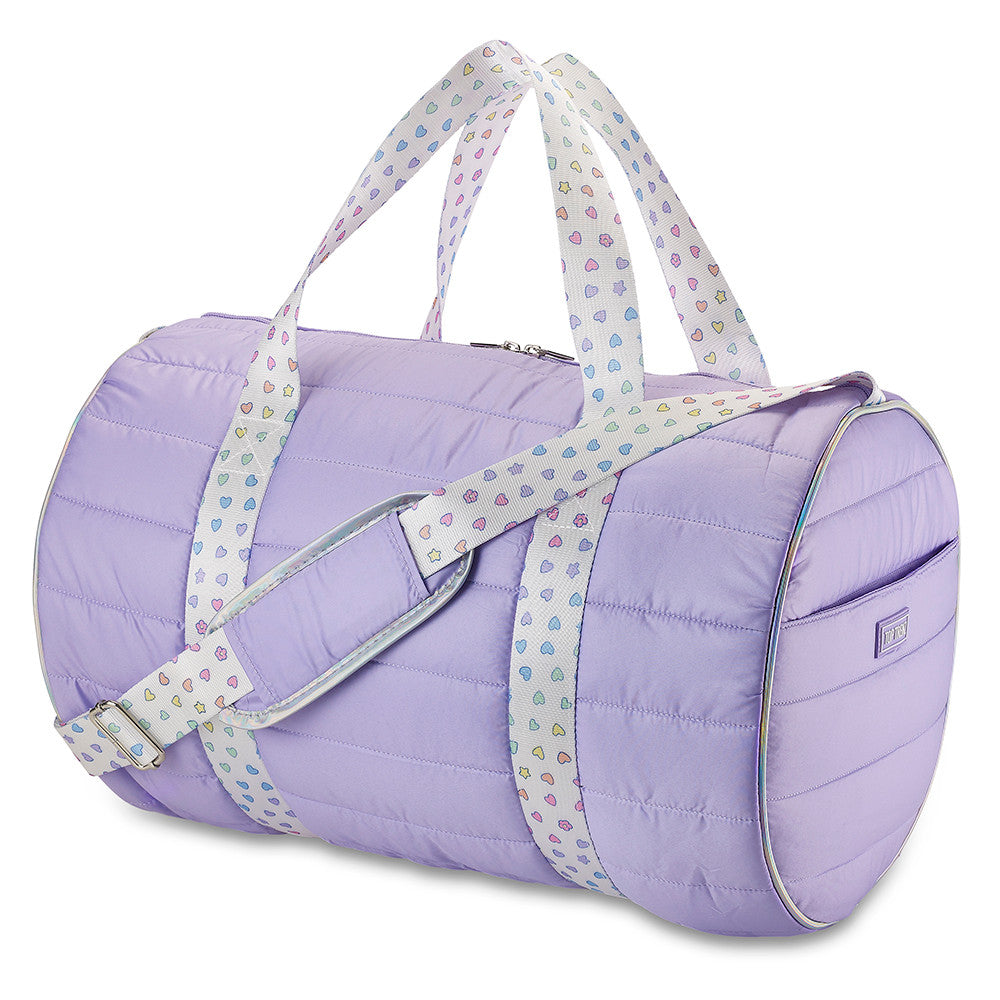 Purple Puffer Duffel Bag with Rainbow Heart Straps – Trendy Overnight, Gym & Travel Bag for Girls and Teens / Top Trenz Online Shop