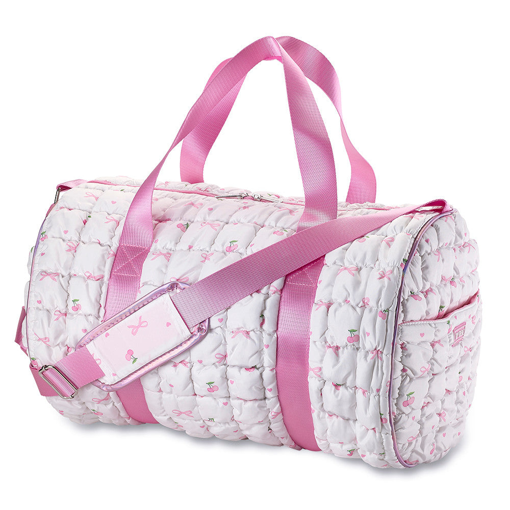 White Scrunchie Puffer Duffel Bag with Bow & Cherry Pattern – Trendy Overnight, Gym & Travel Bag for Girls / Top Trenz Online