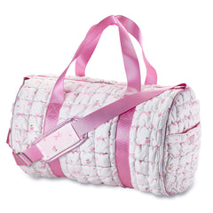 White Scrunchie Puffer Duffel Bag with Bow & Cherry Pattern – Trendy Overnight, Gym & Travel Bag for Girls / Top Trenz Online