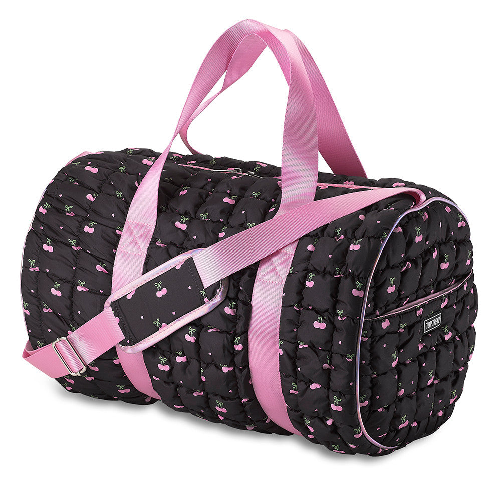 Black Puffer Duffel Bag with Cherry Pattern – Cute Travel, Gym & Overnight Bag for Girls / Top Trenz For Sale