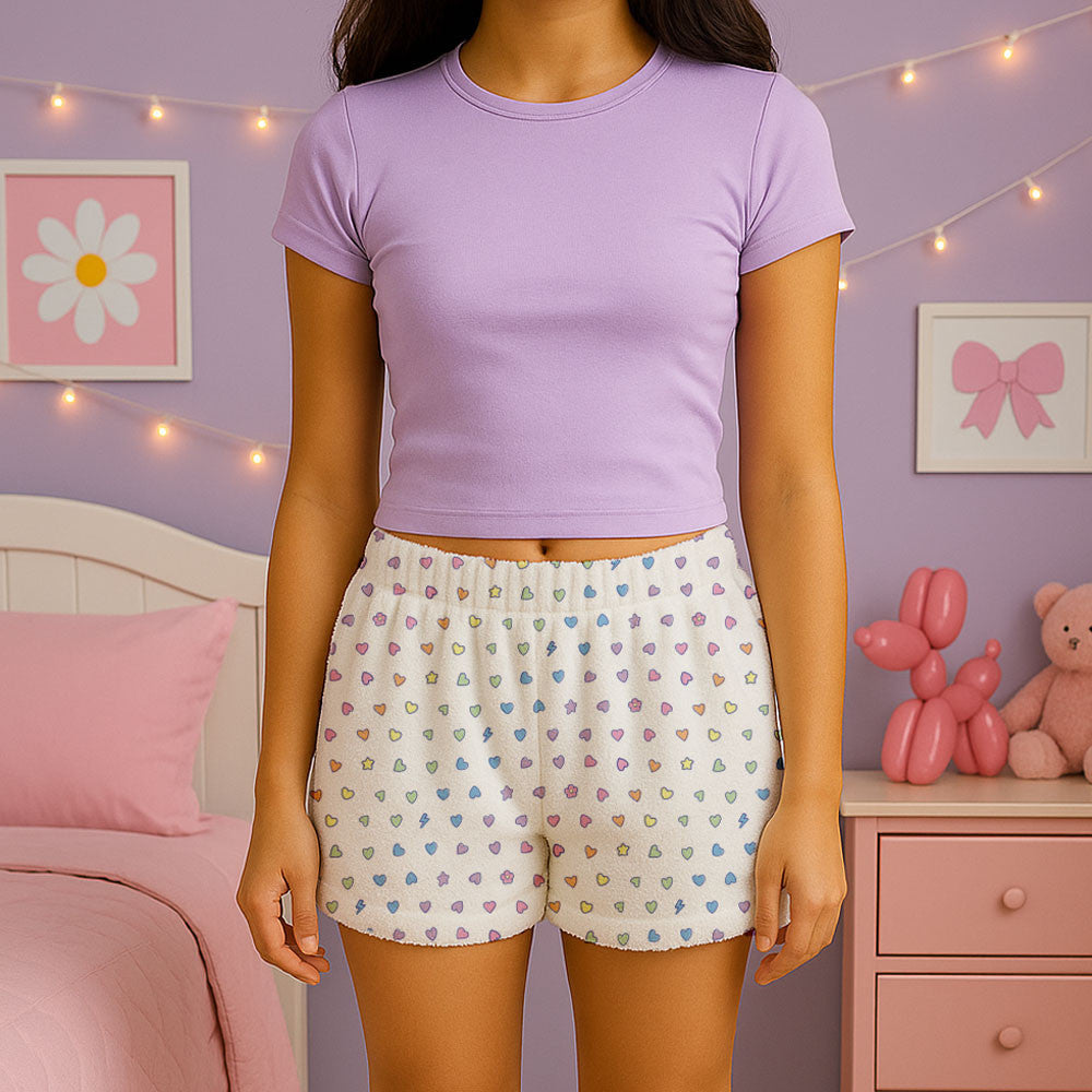 Rainbow Heart Fuzzy Lounge Shorts For Kids And Tweens / Top Trenz Discount