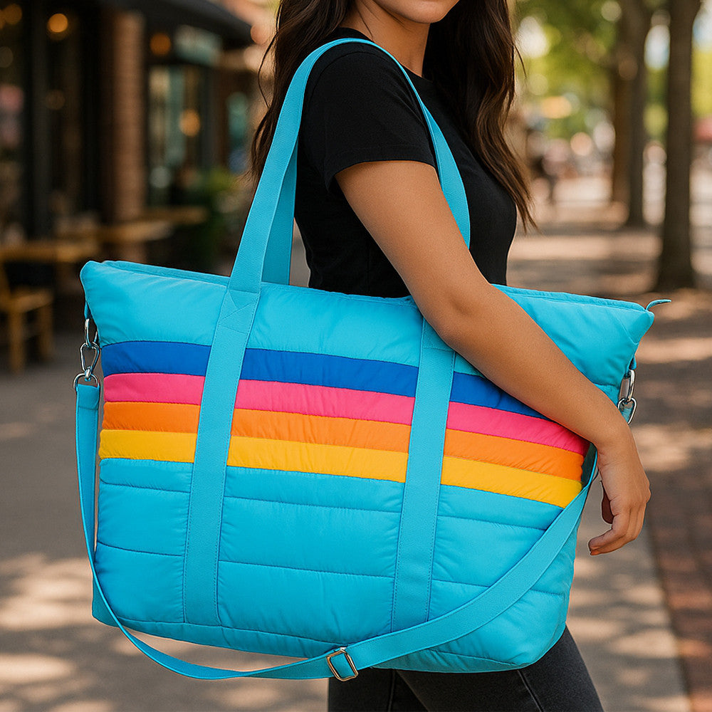 Blue Puffer Retro Stripe Tote Bag – Trendy, Lightweight & Stylish Carryall / Top Trenz Online Shop
