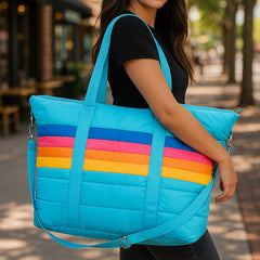 Blue Puffer Retro Stripe Tote Bag – Trendy, Lightweight & Stylish Carryall / Top Trenz Online Shop