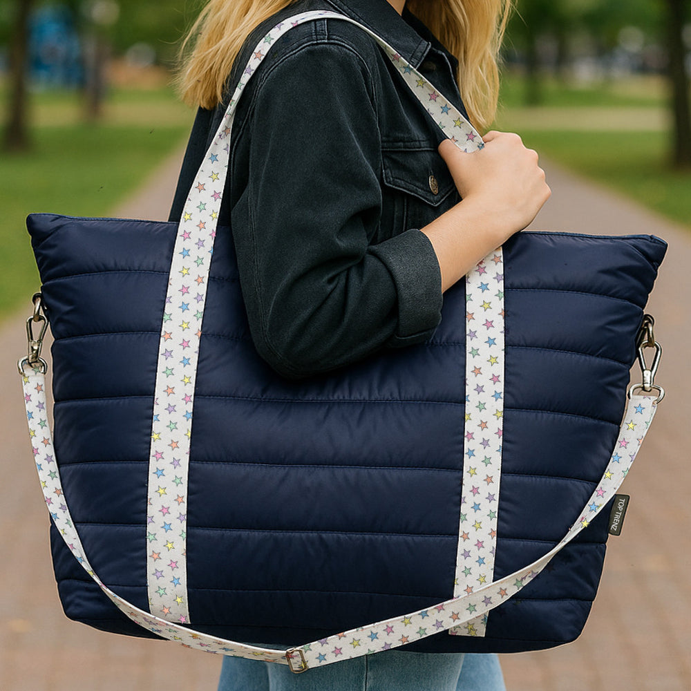 Trendy Navy Weekender Travel Bag with Rainbow Star Straps – Stylish & Spacious / Top Trenz Online