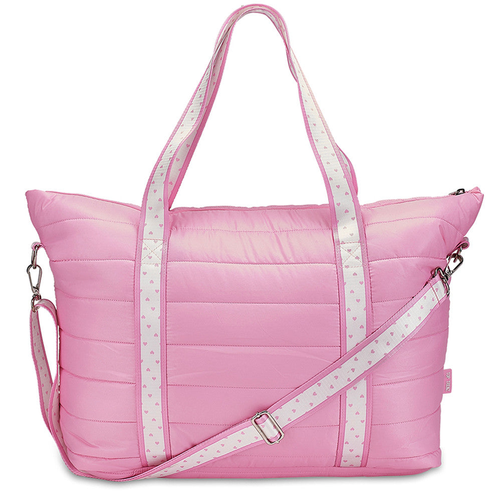 Trendy Pink Puffer Tote Bag – Heart Strap Shoulder Bag / Top Trenz US