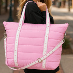 Trendy Pink Puffer Tote Bag – Heart Strap Shoulder Bag / Top Trenz US