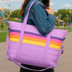 Purple Retro Stripe Puffer Weekender Bag – Stylish Travel Tote for Girls & Teens / Top Trenz Discount