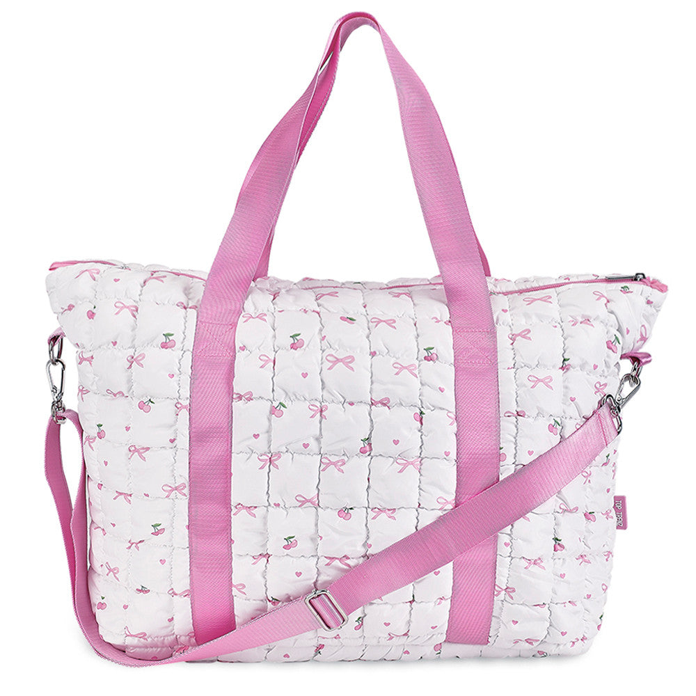 White Puffer Scrunchie Tote Bag – Cherry & Bows Print - Trendy & Cute Everyday Bag / Top Trenz Sale