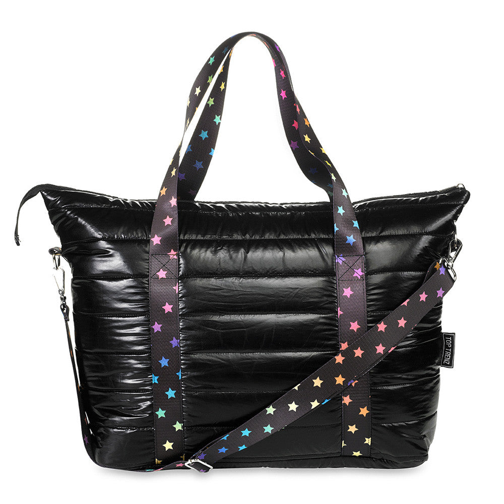 Amazing Black Puffer Tote With Decorative Straps / Top Trenz Outlets