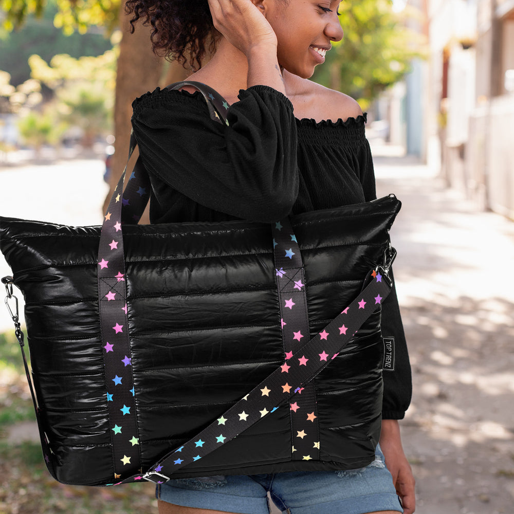 Amazing Black Puffer Tote With Decorative Straps / Top Trenz Outlets