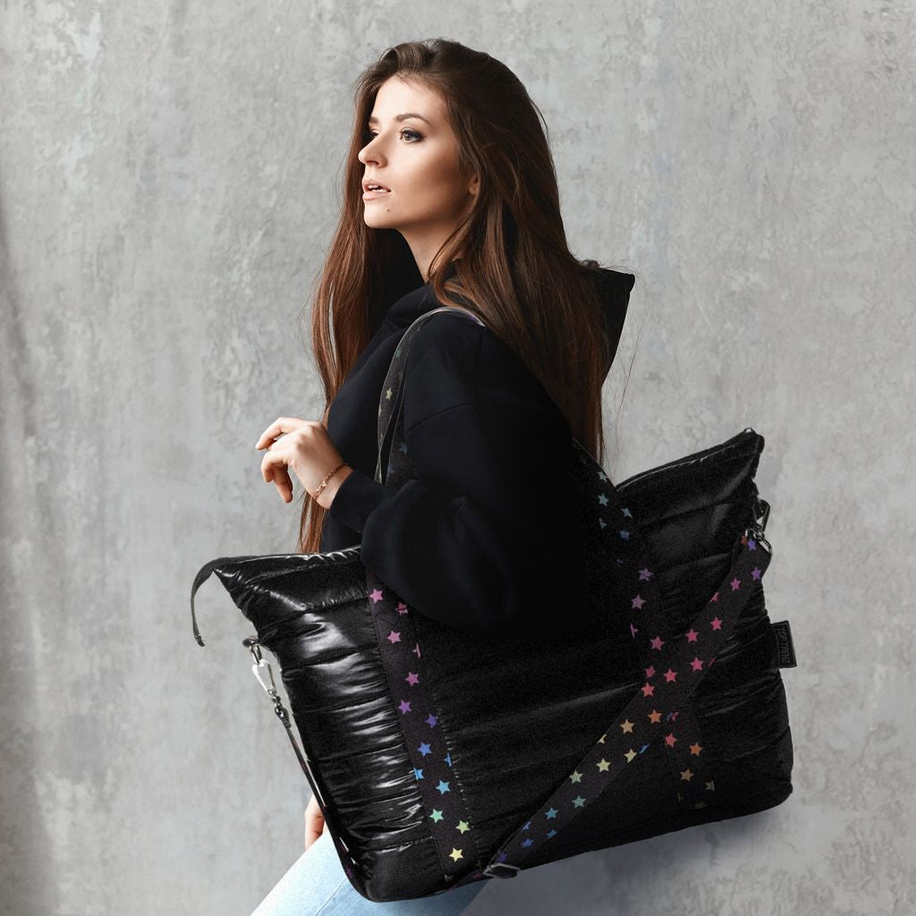 Amazing Black Puffer Tote With Decorative Straps / Top Trenz Outlets