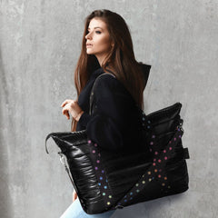 Amazing Black Puffer Tote With Decorative Straps / Top Trenz Outlets